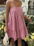 Women'S Summer Sleeveless Off-Shoulder Checkered Dress - a Casual Layered Skirt with Ruffles, Lightweight And Machine Washable