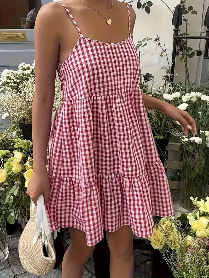 Women'S Summer Sleeveless Off-Shoulder Checkered Dress - a Casual Layered Skirt with Ruffles, Lightweight And Machine Washable