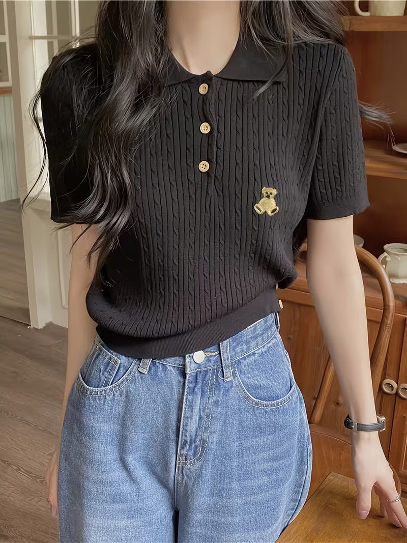 Twisted Short-Sleeve T-Shirt for Women, Embroidered Sweet Fashion Versatile Top