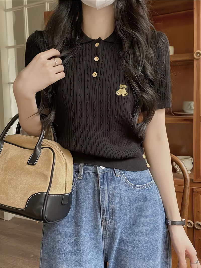 Twisted Short-Sleeve T-Shirt for Women, Embroidered Sweet Fashion Versatile Top