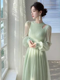 French Light Luxury Elegant -Line Dress - -Neck Semi-Sheer Mesh Long Dress with Green Panel