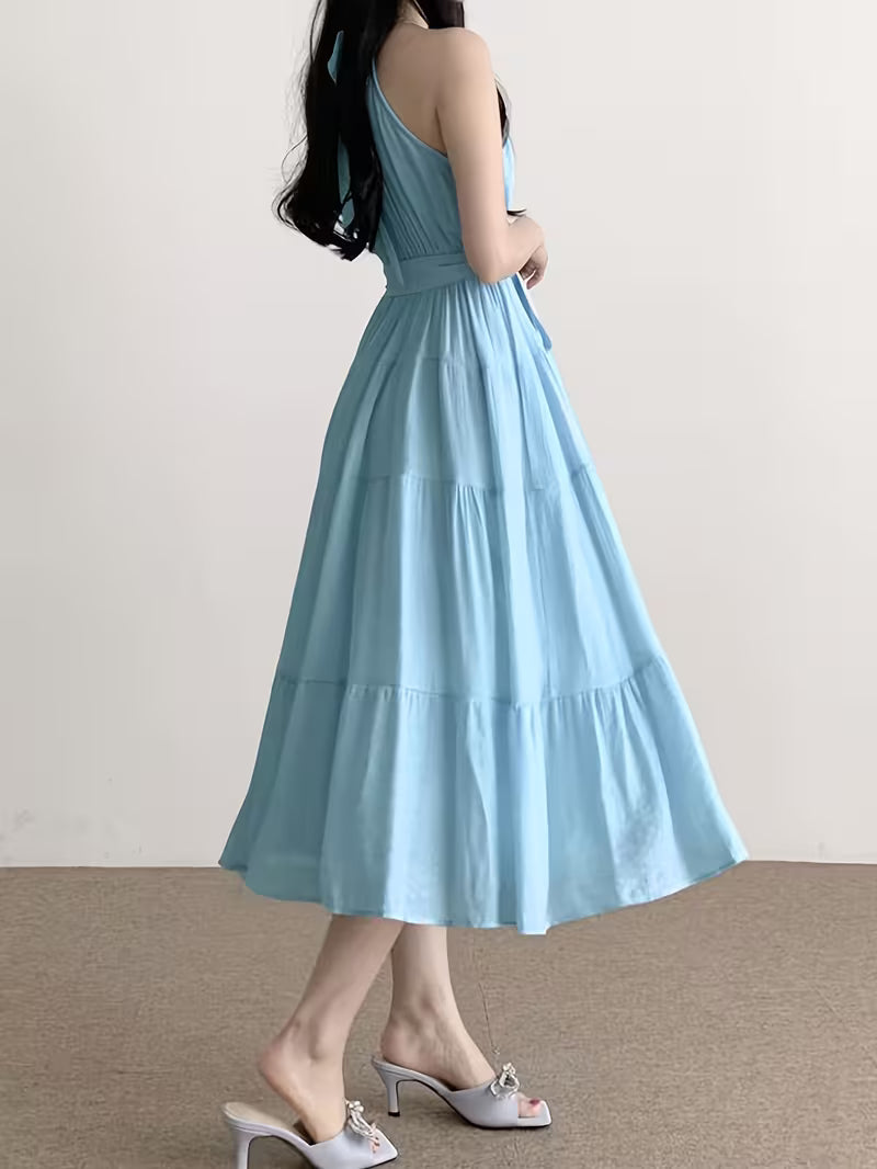 New Spring And Summer Lace-Up Sleeveless Midi Dress, A-Line, Elegant Temperament Women'S Dress