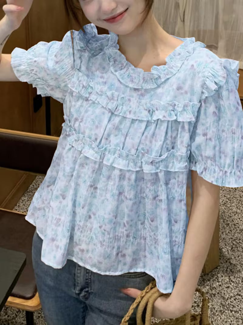 Plus Size - Plus Size - Women'S Girlish Style Ruffle Pleated Blouse Round Neck Puff Short Sleeve Floral Print Summer Tops Lightweight Outdoor Holiday Casual Loose Shirt Plus Size