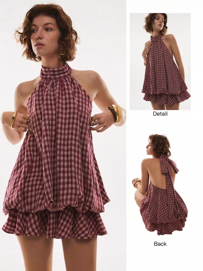 Women's Fashion Plaid Sleeveless Halter Tie-Back Layered Bud Puff Hem Mini Dress, Vintage Plaid Vacation Mini Dress, Sleeveless Dress, Backless Midi Dress