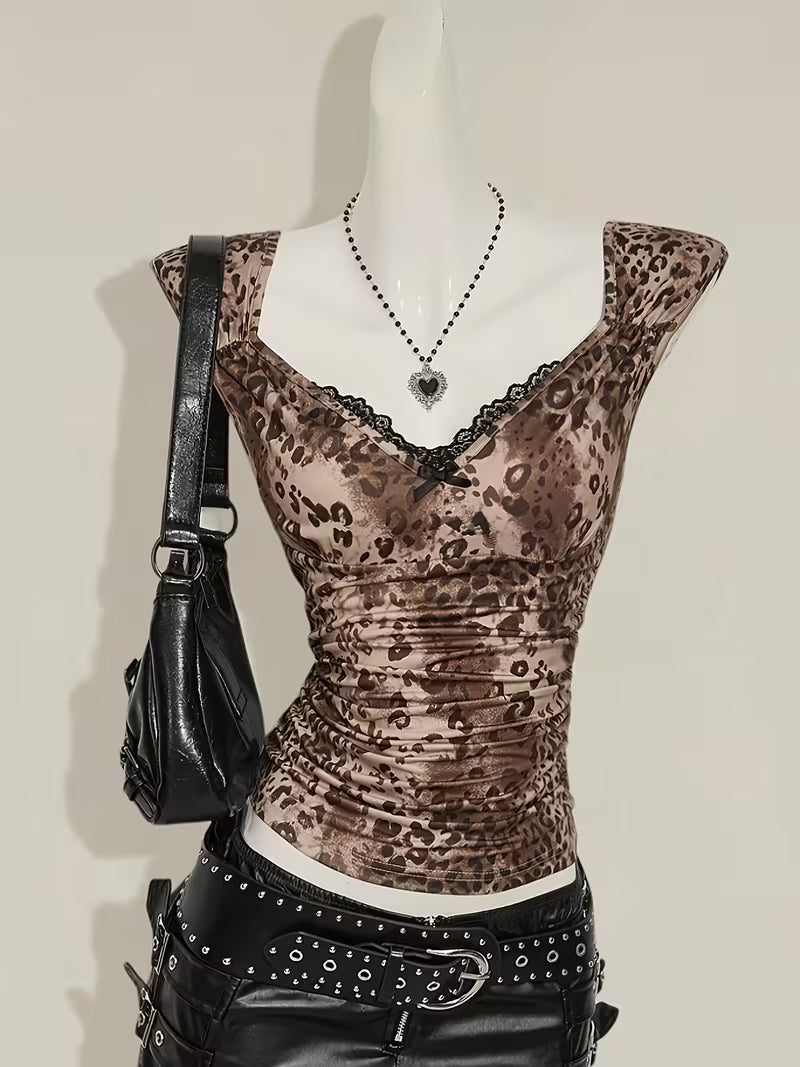 Spring/Summer/Autumn New Women's Leopard Print Contrast Lace Cap Sleeve T-Shirt