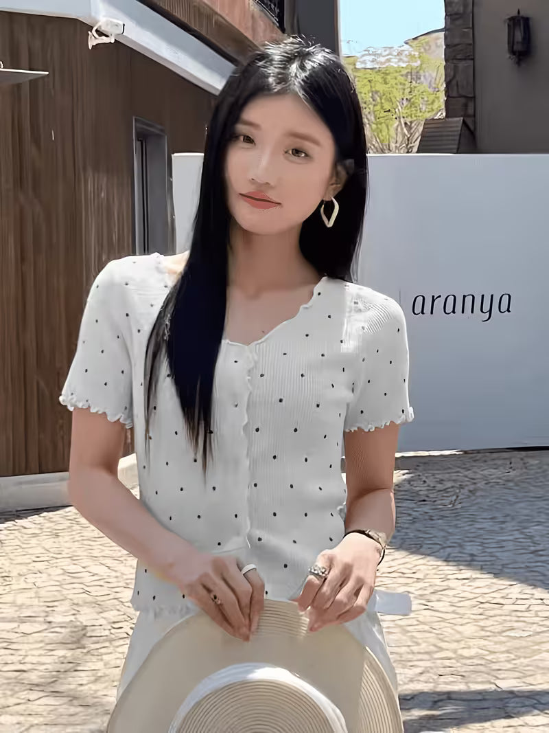omen'S Korean Style Ruffle V-Neck Polka Dot Short Sleeve Shirt, Spring Summer Cropped Ice Slim Fit Versatile Cardigan Top