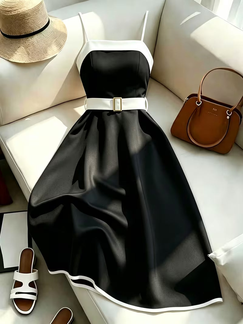 Women'S Spring Summer Black And White Contrast Midi Dress, Spaghetti Strap Dress, Women'S Contrast Dress