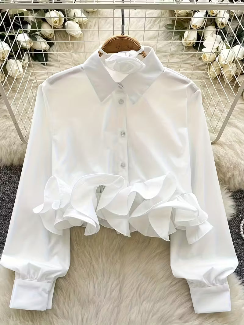 Short-sleeve Long-length Shirt with Lapel and Three-dimensional Lace Floral Ribbon Top