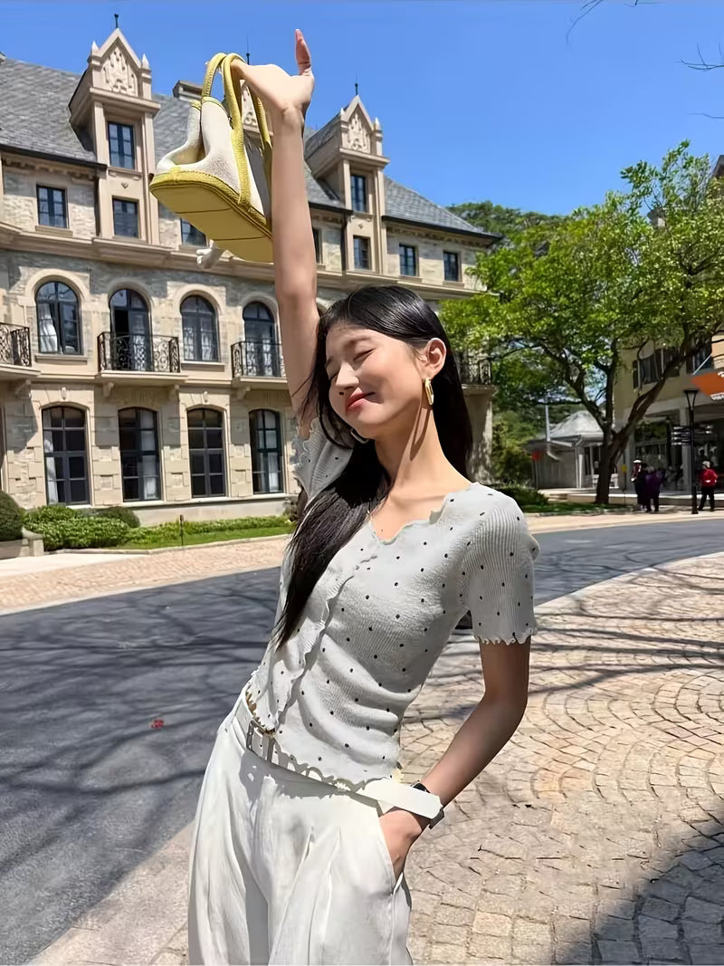 omen'S Korean Style Ruffle V-Neck Polka Dot Short Sleeve Shirt, Spring Summer Cropped Ice Slim Fit Versatile Cardigan Top