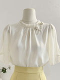 Summer New French Mushroom Stand-Up Collar Short Sleeve Satin Shirt Design Sense 3D Floral Age-Reducing Temperament Chiffon Top
