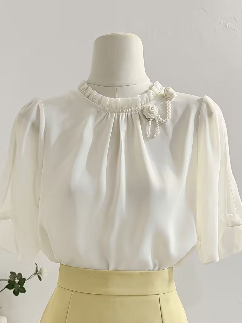 Summer New French Mushroom Stand-Up Collar Short Sleeve Satin Shirt Design Sense 3D Floral Age-Reducing Temperament Chiffon Top