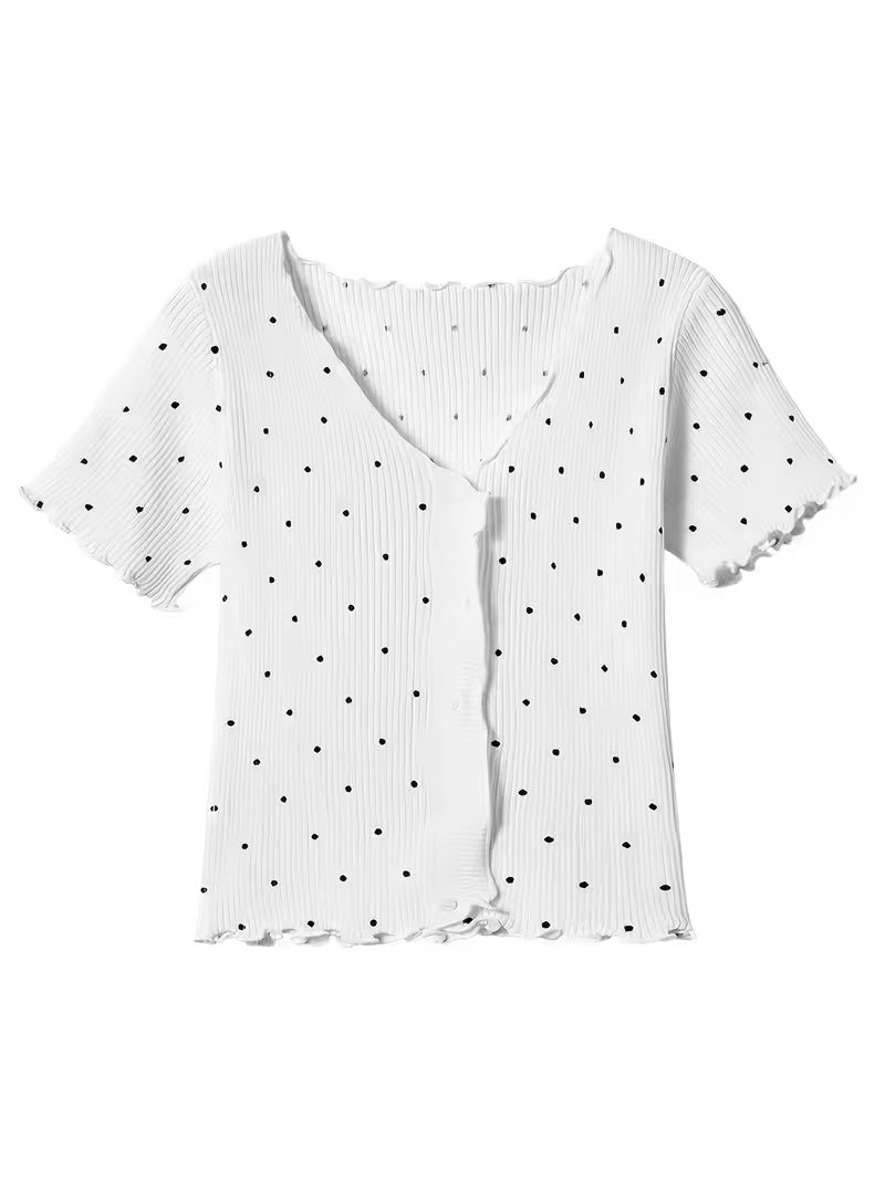 omen'S Korean Style Ruffle V-Neck Polka Dot Short Sleeve Shirt, Spring Summer Cropped Ice Slim Fit Versatile Cardigan Top
