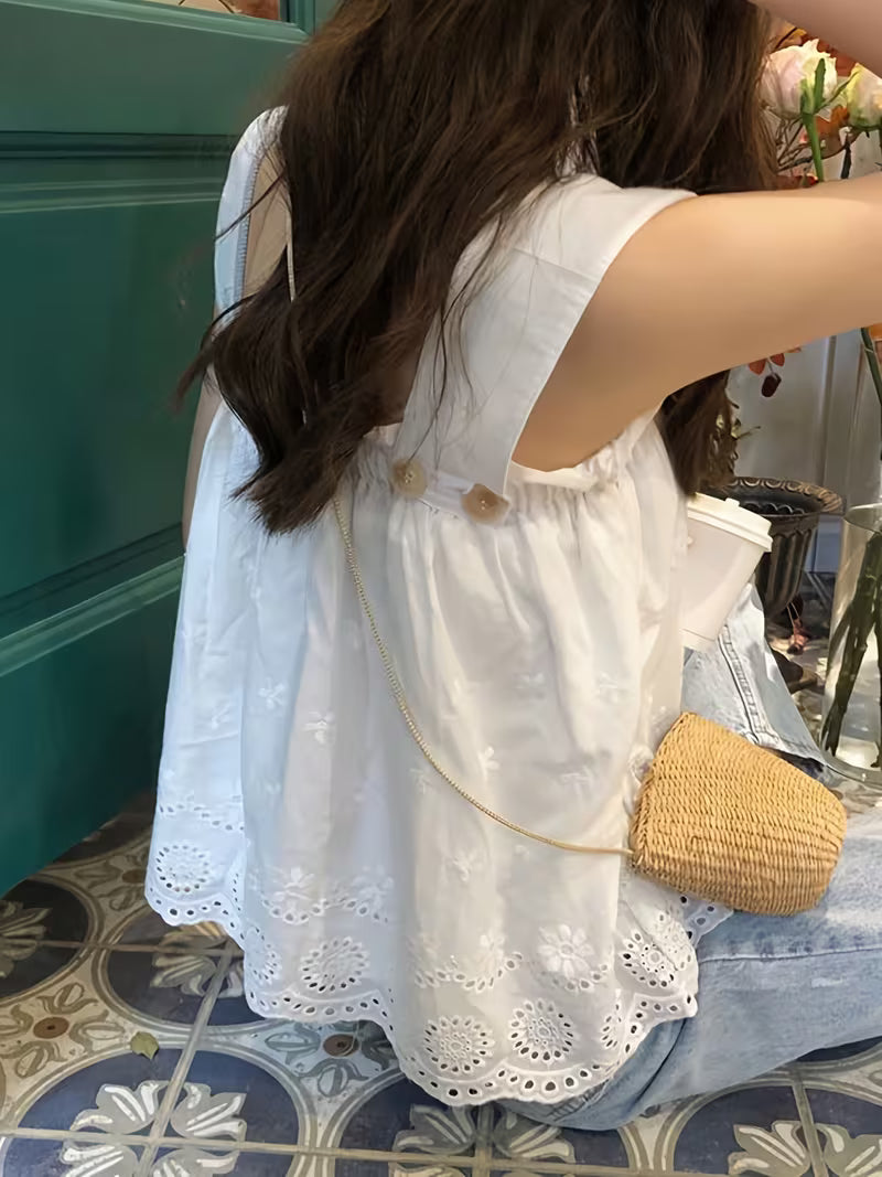 New Summer Square Neck Embroidered Thin Shirt | Women's Loose Small Fresh Outer Wear Camisole Japanese Style Fairy Top
