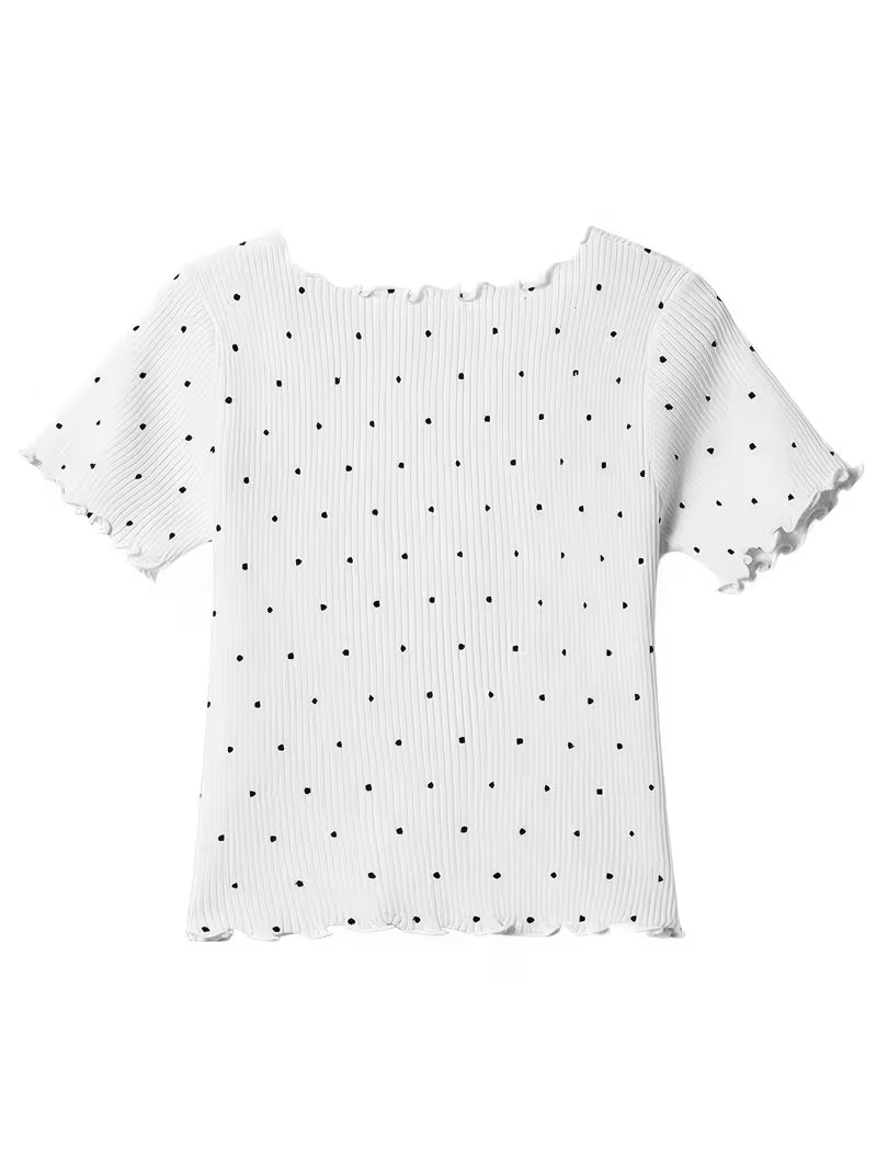 omen'S Korean Style Ruffle V-Neck Polka Dot Short Sleeve Shirt, Spring Summer Cropped Ice Slim Fit Versatile Cardigan Top