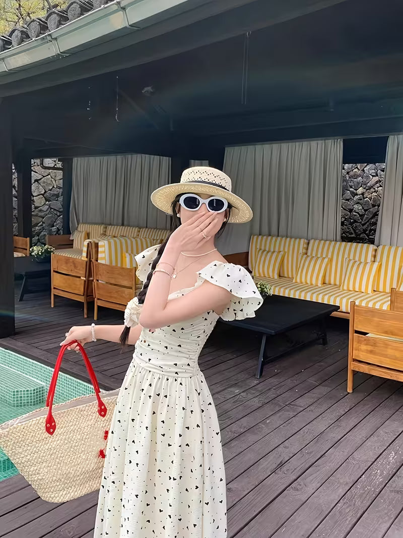 Design Dress Summer New French Temperament Flutter Sleeves Waist-Cinching Mid-Length Floral Dress