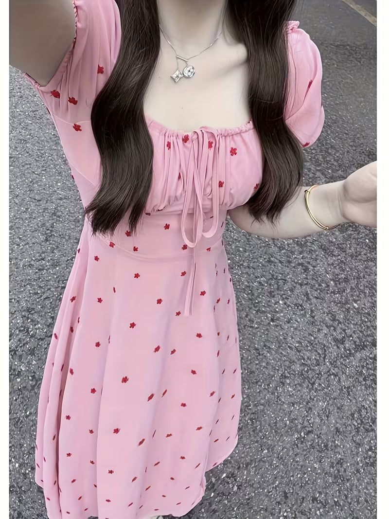 Embroidered Square Collar Lace Up Bubble Sleeve Dress for Women'S Summer New Sweet Waist Mid Length Dress