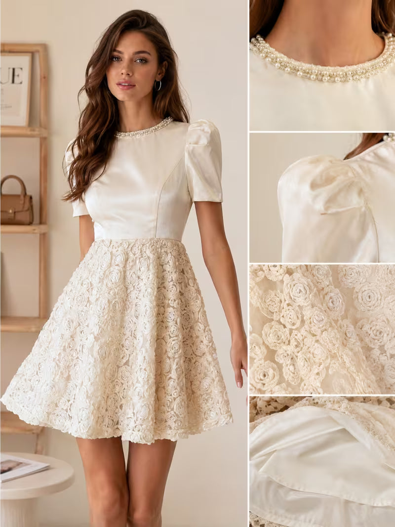 Women'S Puff Short Sleeve Lace Mini Dress High Waisted Comfort Fit for Daily Wear Date Night Look