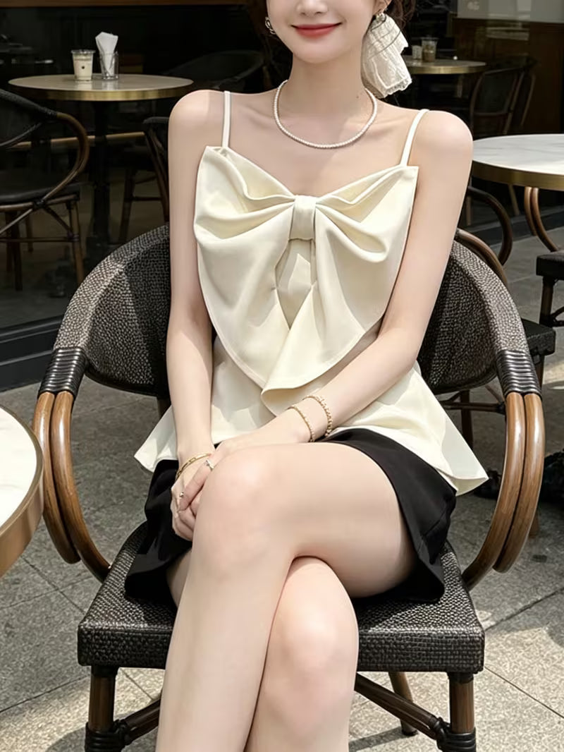 Summer French-Style Large Bow Strappy Camisole for Women, Relaxed Fit Figure-Flattering Niche Design Hot Top