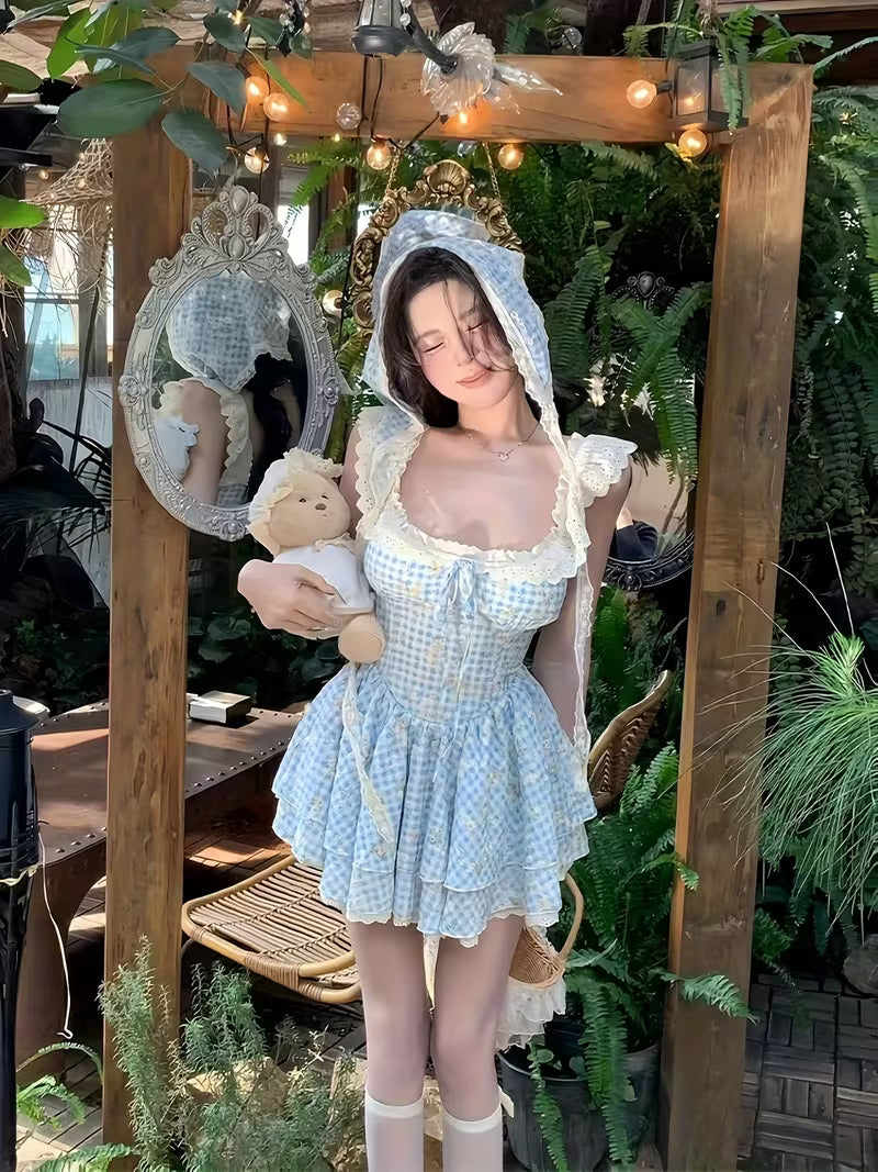 Adorable And Sweet Short Dress with Flutter Sleeves for Women, Featuring Lace Panels, a Square Neckline, And a Fitted Waist That Accentuates Curves