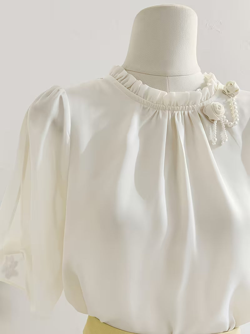 Summer New French Mushroom Stand-Up Collar Short Sleeve Satin Shirt Design Sense 3D Floral Age-Reducing Temperament Chiffon Top