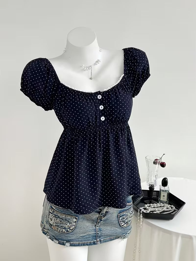 Elegant Comfortable Women's Square Neck Shirt | Polka Dot Print, Short Sleeve, Lace Trimmed Collar, Casual Commute Wear