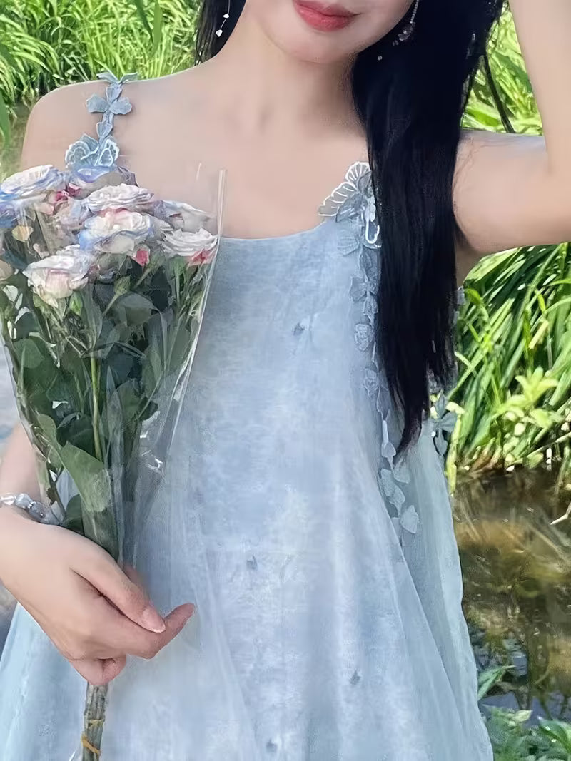 New Fashion Elegant Temperament Vacation Style Solid Color Loose Hem Lace Thin Strap Dress, Women'S Long Dress