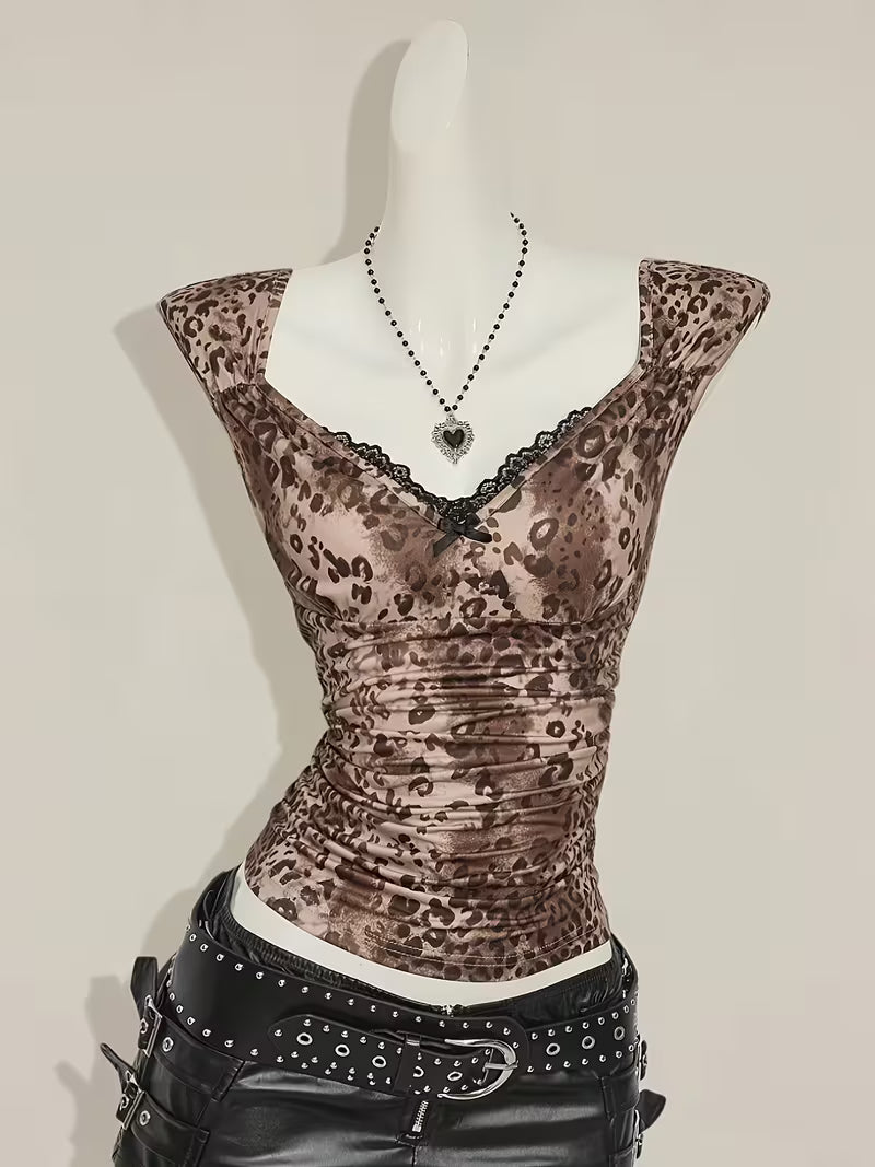 Spring/Summer/Autumn New Women's Leopard Print Contrast Lace Cap Sleeve T-Shirt