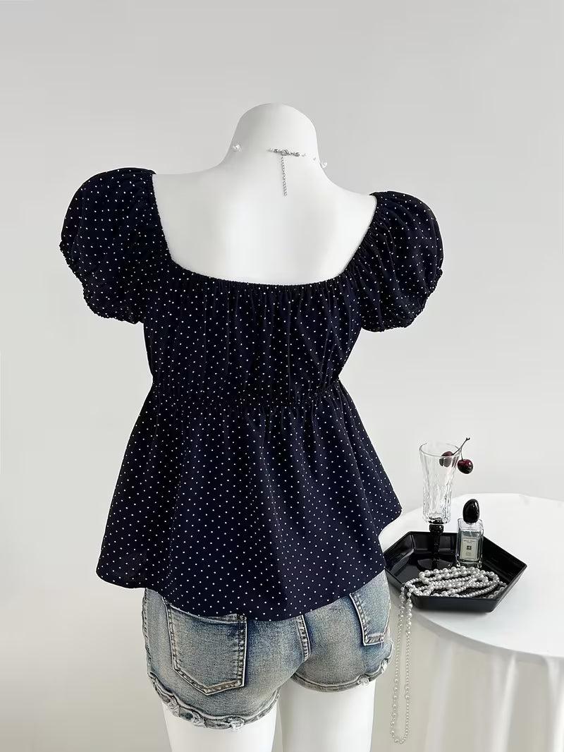 Elegant Comfortable Women's Square Neck Shirt | Polka Dot Print, Short Sleeve, Lace Trimmed Collar, Casual Commute Wear