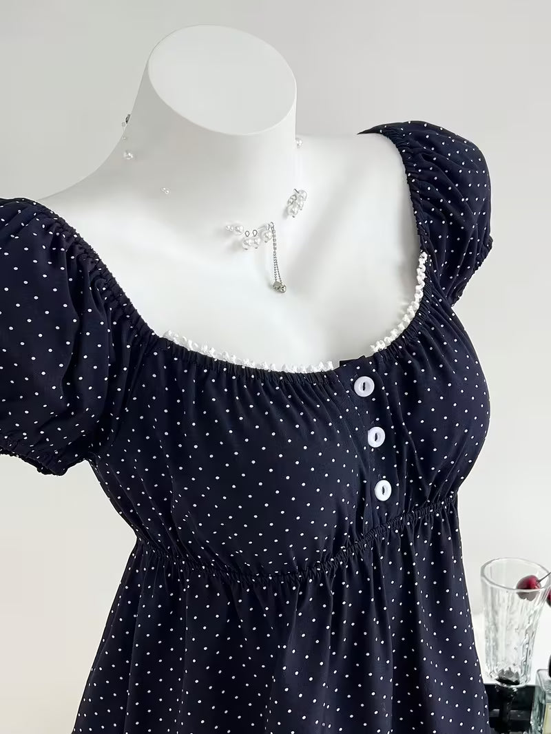 Elegant Comfortable Women's Square Neck Shirt | Polka Dot Print, Short Sleeve, Lace Trimmed Collar, Casual Commute Wear