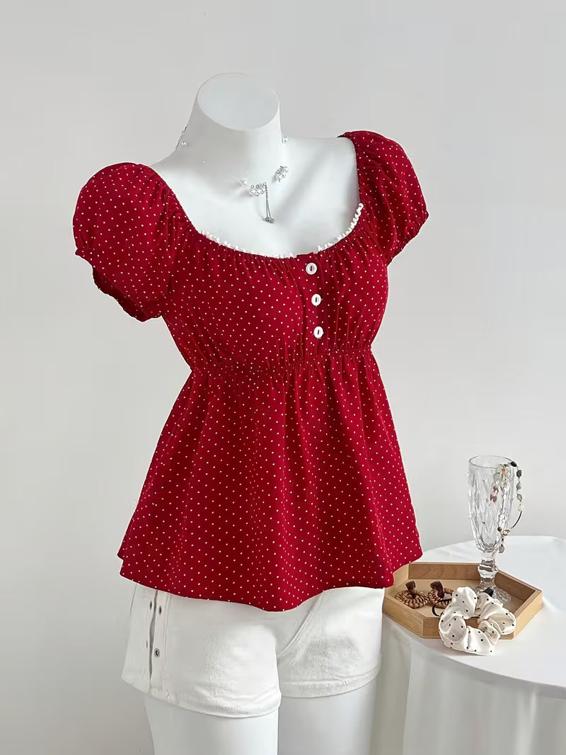 Elegant Comfortable Women's Square Neck Shirt | Polka Dot Print, Short Sleeve, Lace Trimmed Collar, Casual Commute Wear