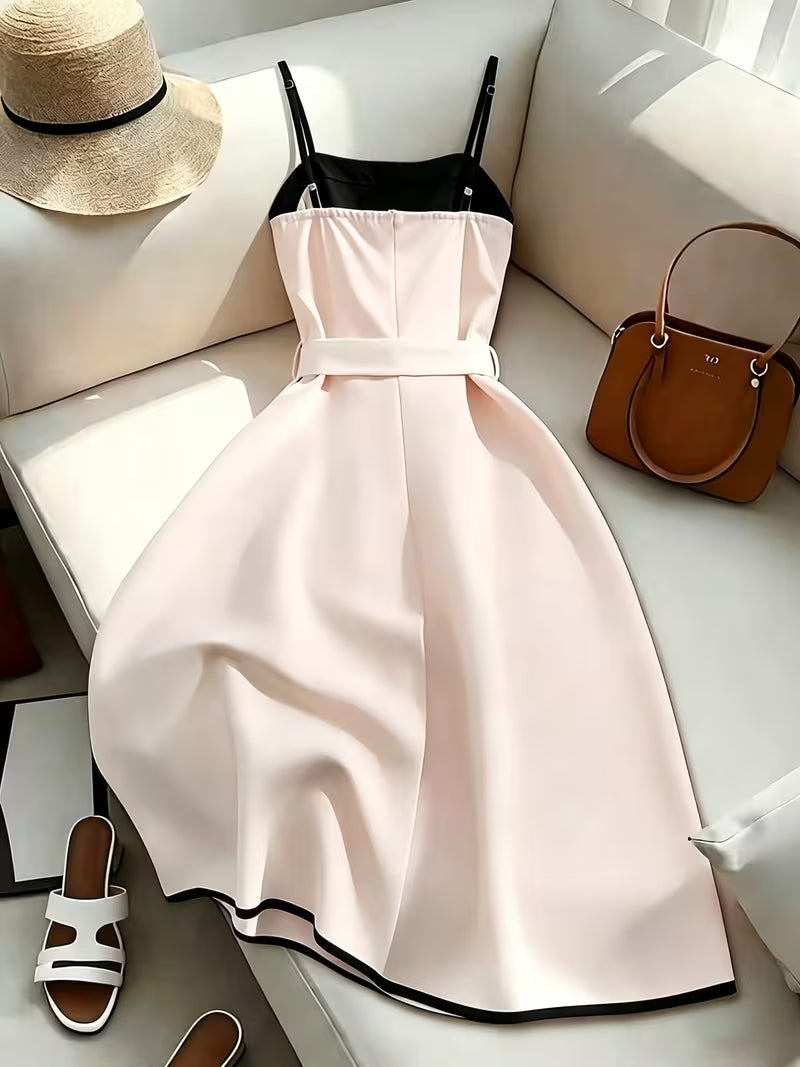 Women'S Spring Summer Black And White Contrast Midi Dress, Spaghetti Strap Dress, Women'S Contrast Dress