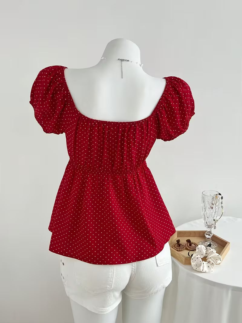 Elegant Comfortable Women's Square Neck Shirt | Polka Dot Print, Short Sleeve, Lace Trimmed Collar, Casual Commute Wear