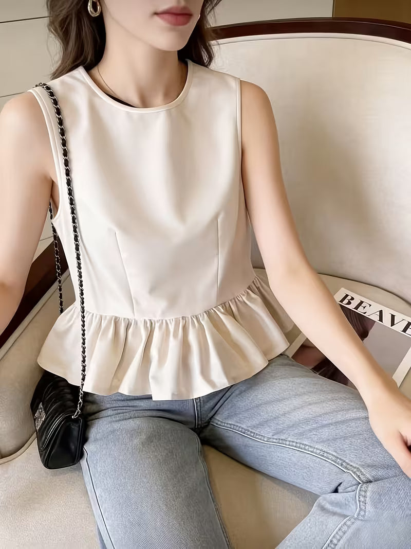 Elegant Old- Money Style Women's Backless Vest with Contrast-Color Bow and Ruffled Hem