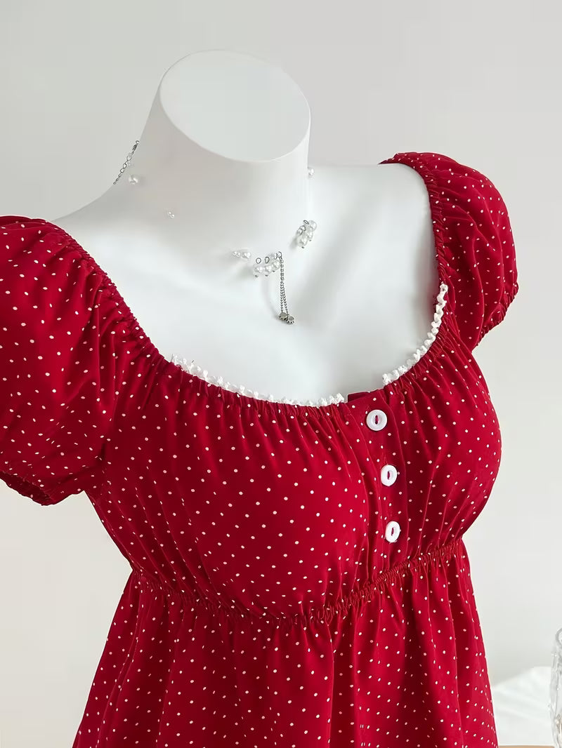 Elegant Comfortable Women's Square Neck Shirt | Polka Dot Print, Short Sleeve, Lace Trimmed Collar, Casual Commute Wear