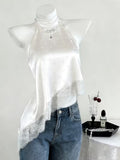 Elegant Halter Neck Asymmetric Top with Delicate Lace Trim Sleeveless Blouse Summer Wedding Guest Party Evening Wear