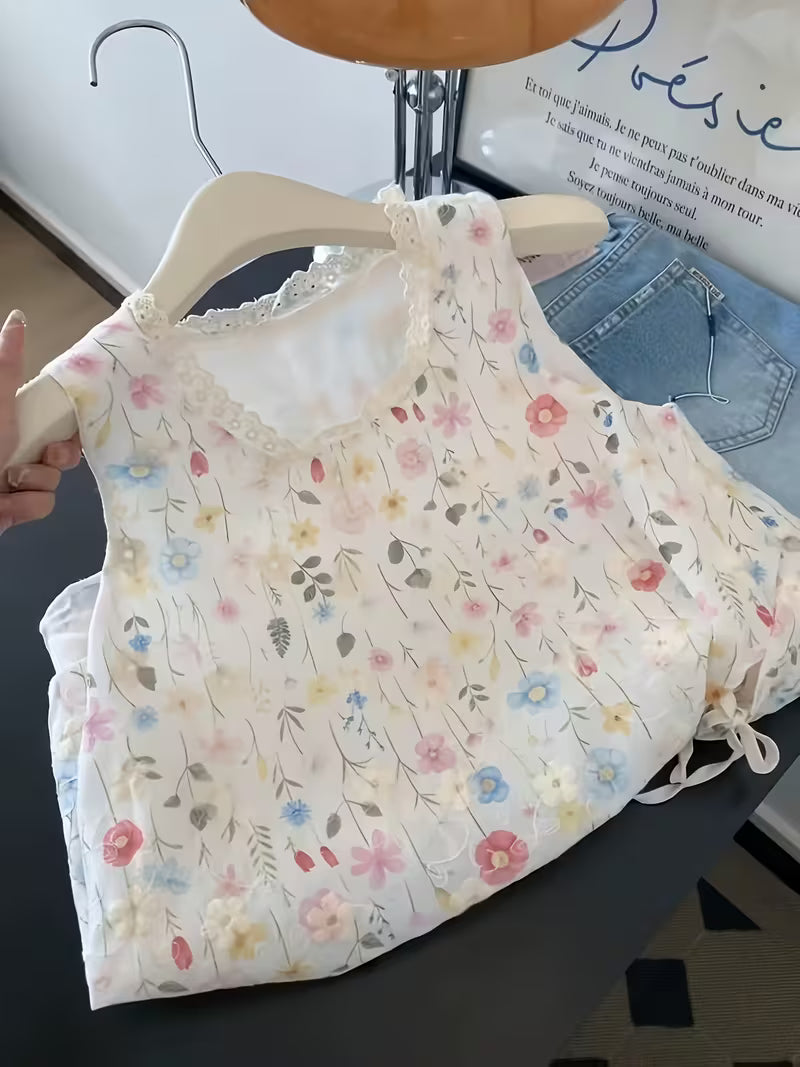 French-Style Floral Print Sleeveless Vest for Women, Summer Lace Trim Waist-Cinching Drawstring Irregular Hem Gentle Cropped Top