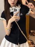 Polka Dot Lace Rich Academy Style Frilly Edge Short-Sleeved T-Shirt Women'S INS Slim Cardigan Top