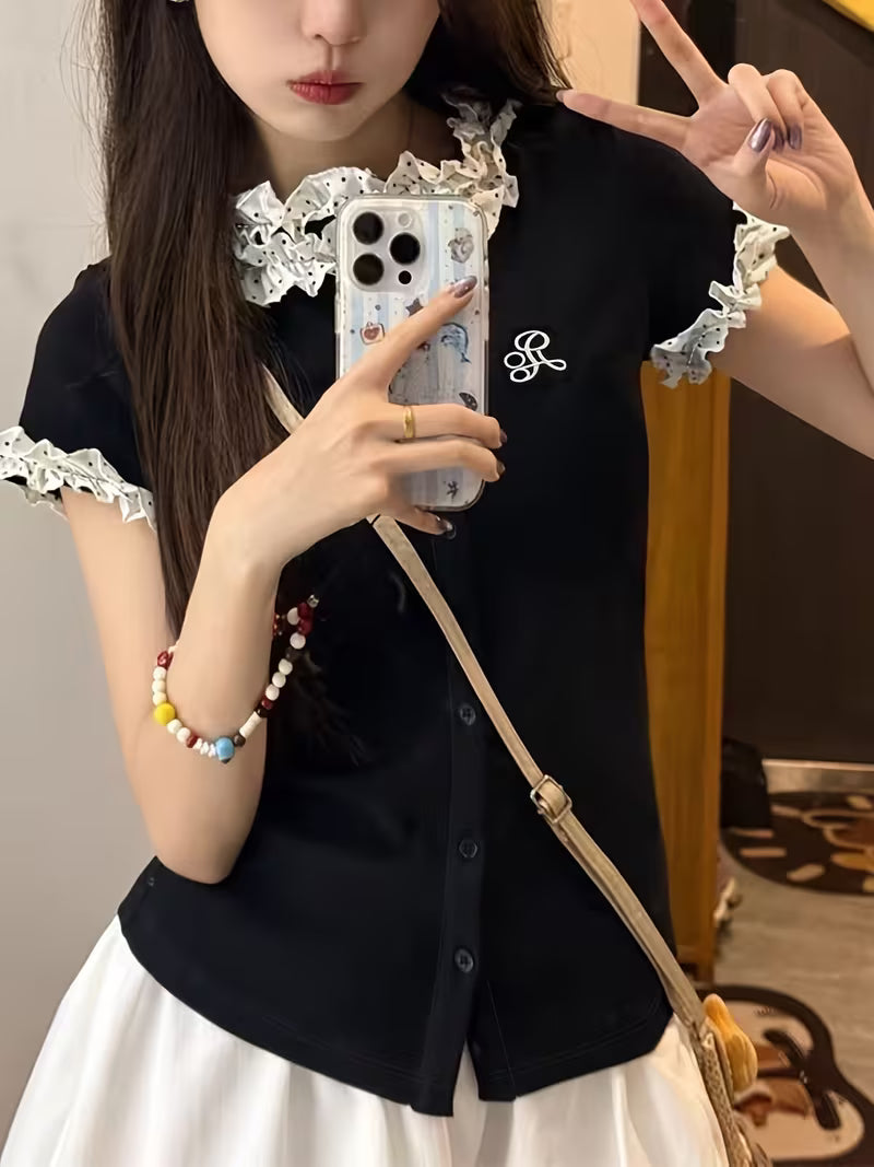 Polka Dot Lace Rich Academy Style Frilly Edge Short-Sleeved T-Shirt Women'S INS Slim Cardigan Top