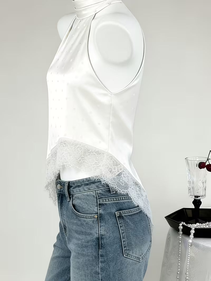 Elegant Halter Neck Asymmetric Top with Delicate Lace Trim Sleeveless Blouse Summer Wedding Guest Party Evening Wear
