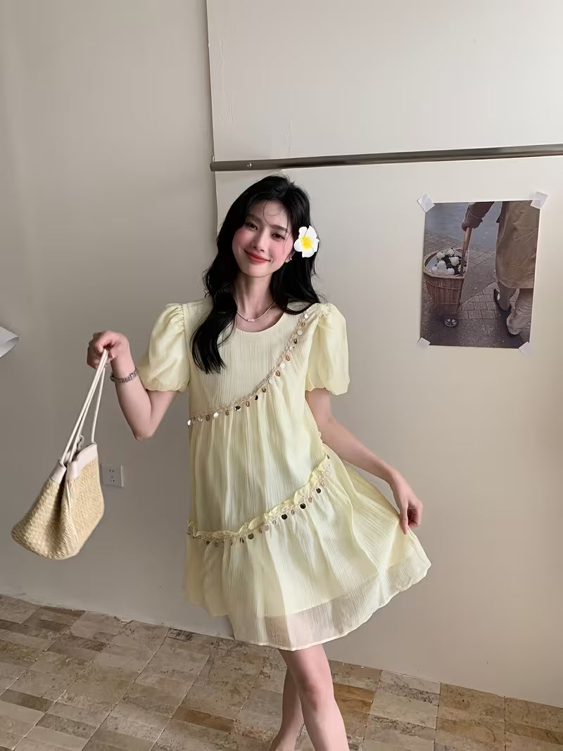 Women's Elegant Summer Dress with Handmade Sequin Detailing - A-Line Flared Midi Dress, Puff Sleeves & Round Neck, Loose Fit Casual Chic