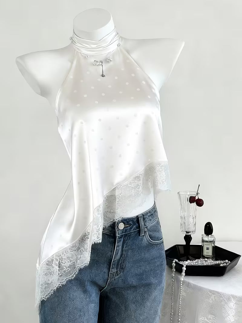 Elegant Halter Neck Asymmetric Top with Delicate Lace Trim Sleeveless Blouse Summer Wedding Guest Party Evening Wear