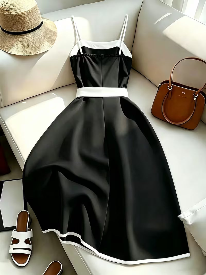 Women'S Spring Summer Black And White Contrast Midi Dress, Spaghetti Strap Dress, Women'S Contrast Dress