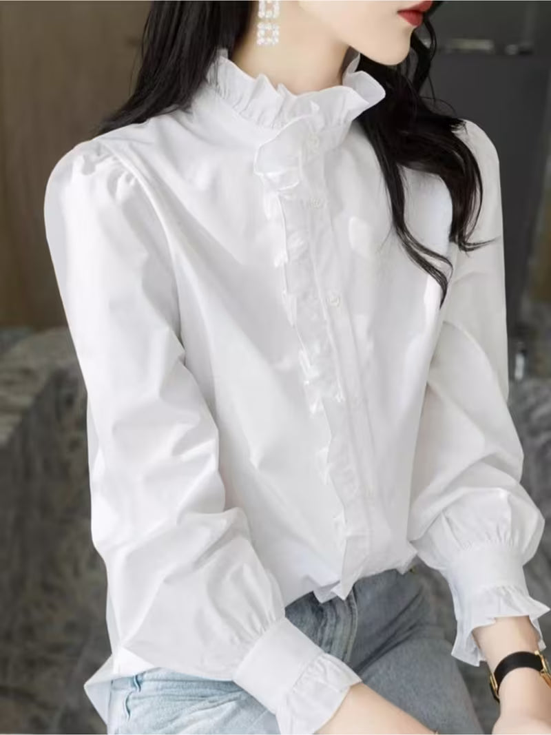 Women' French Elegant Korean Style Blouse Shirt - White Lace Collar & Ruffle Trim Blouse, Spring Summer Long Sleeve Blouse