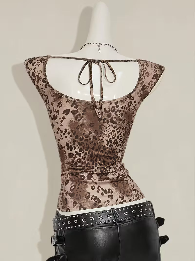 Spring/Summer/Autumn New Women's Leopard Print Contrast Lace Cap Sleeve T-Shirt