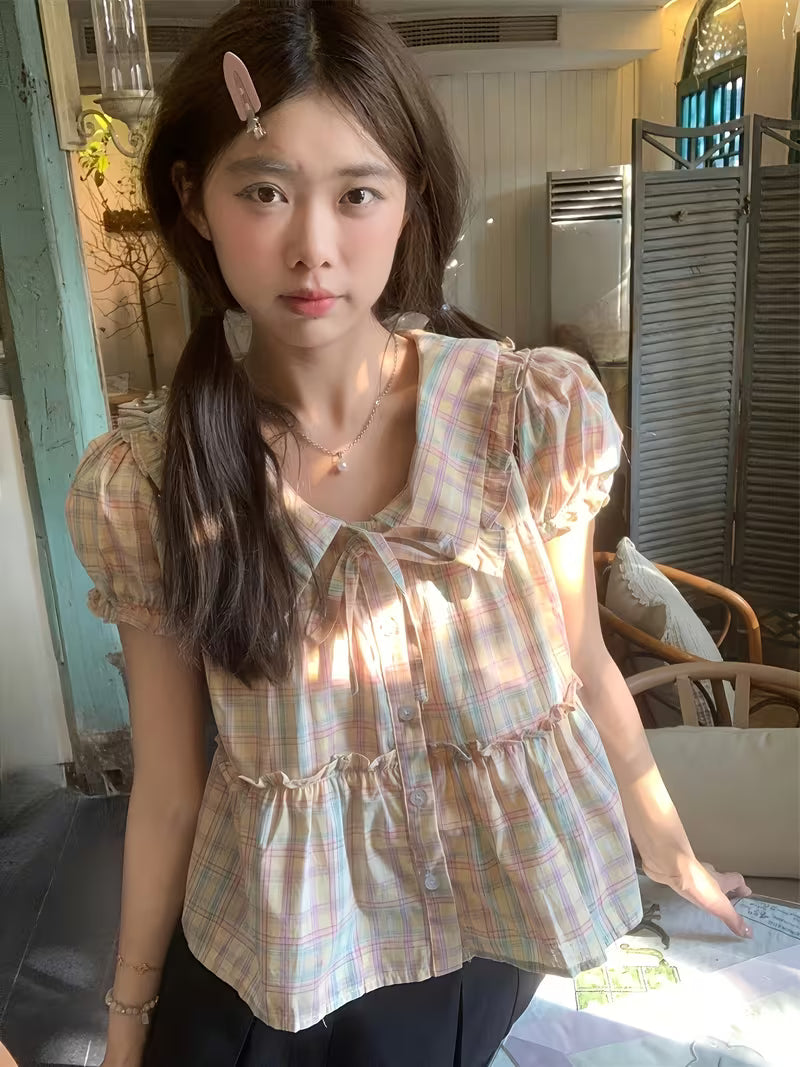 Sweet Design Loose Plaid Doll Collar Shirt Women's Vintage Niche Short Sleeve Top
