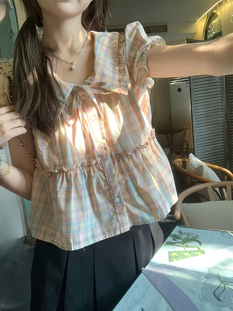 Sweet Design Loose Plaid Doll Collar Shirt Women's Vintage Niche Short Sleeve Top