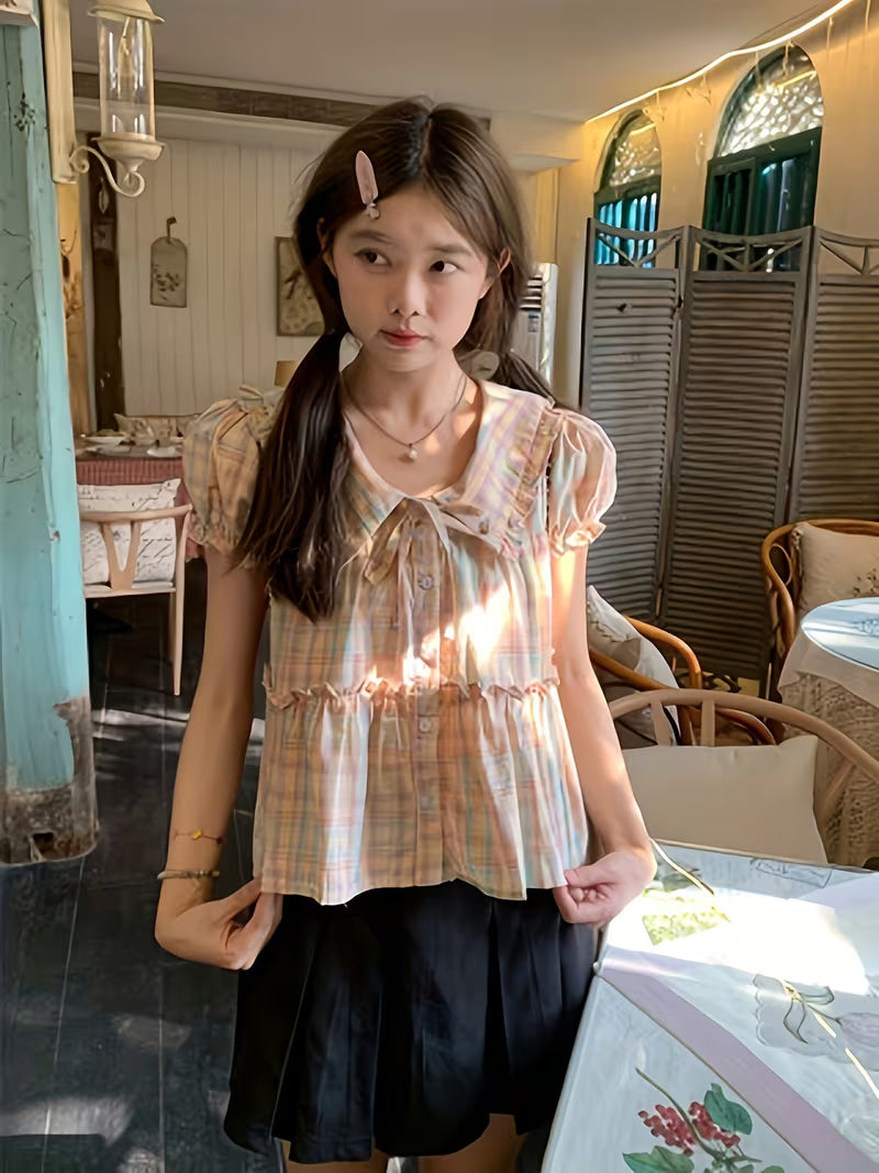 Sweet Design Loose Plaid Doll Collar Shirt Women's Vintage Niche Short Sleeve Top