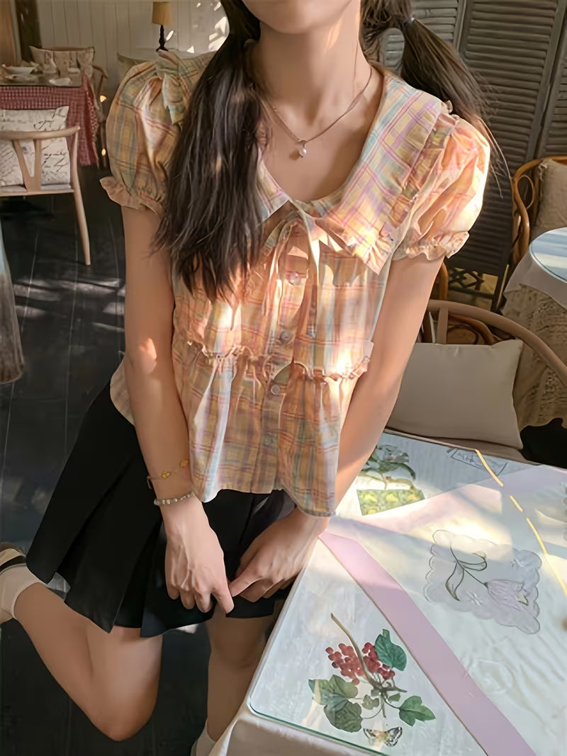 Sweet Design Loose Plaid Doll Collar Shirt Women's Vintage Niche Short Sleeve Top