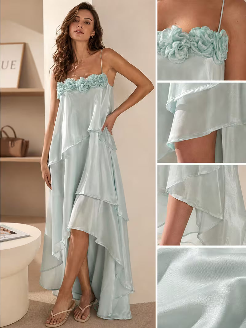 Women Spaghetti Strap Long Dress Layered Cake Skirt Breathable Relaxed Silhouette for Vacation Casual Daily Wear