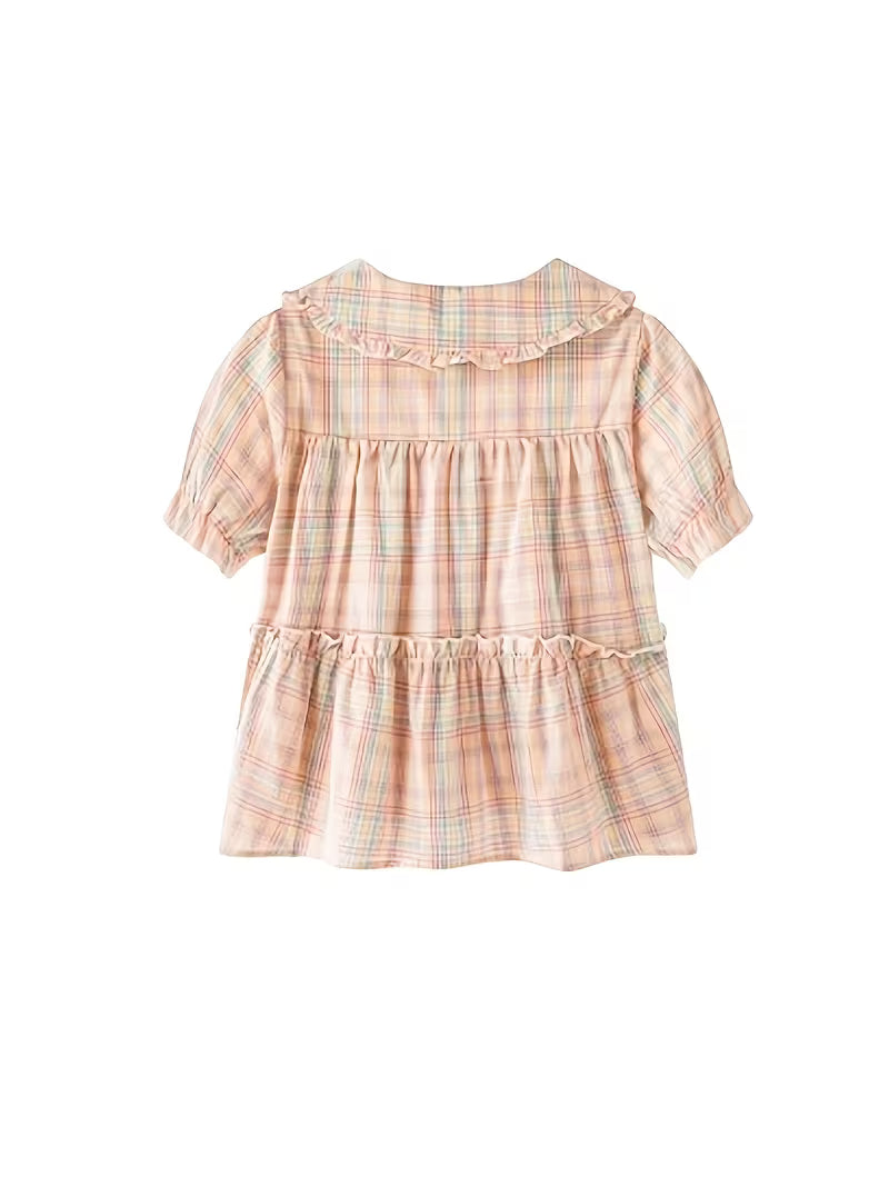 Sweet Design Loose Plaid Doll Collar Shirt Women's Vintage Niche Short Sleeve Top